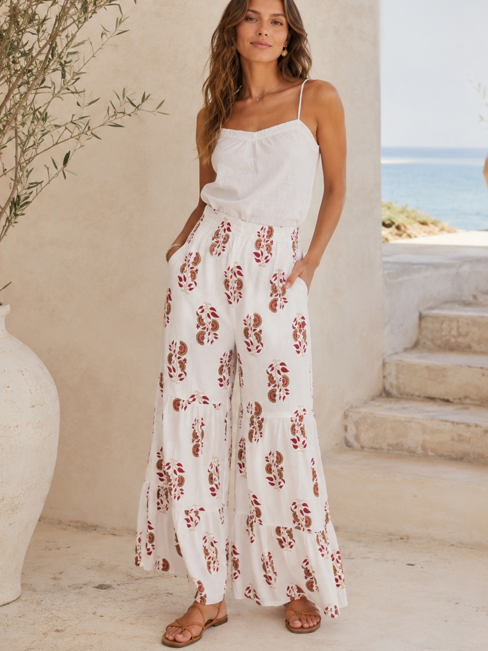 Boho Wide Leg Tiered Palazzo Pants White Artsy Boutique S/M Euro Summer